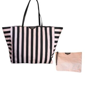 Victoria’s Secret Black and Pink Striped Tote Bag with zipper pouch.